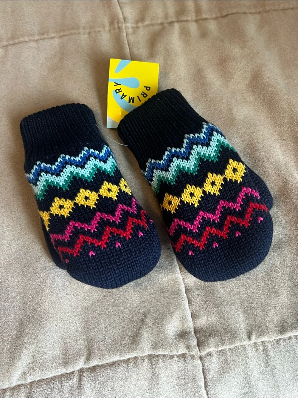 Primary Navy Fair Isle Toddler Knit Mittens with Multicolor Chevron Stripes